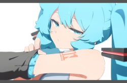 1girl :/ abmayo adjusting_clothes aqua_eyes aqua_hair arm_tattoo bare_shoulders black_sleeves closed_mouth commentary_request detached_sleeves expressionless grey_shirt hair_between_eyes hair_ornament hatsune_miku highres letterboxed long_hair looking_at_viewer number_tattoo shirt simple_background sleeveless sleeveless_shirt solo tattoo twintails vocaloid white_background