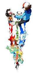 1girl 2boys audino baseball_cap black_vest blue_jacket boots brown_hair closed_mouth commentary_request creatures_(company) darmanitan darmanitan_(standard) denim denim_shorts ducklett frillish frillish_(male) game_freak gen_1_pokemon gen_5_pokemon hat he72oh high_ponytail highres hilbert_(pokemon) hilda_(pokemon) holding holding_pokemon jacket knees leg_up long_hair long_sleeves looking_back lower_teeth_only multiple_boys n_(pokemon) nintendo open_mouth oshawott panpour pansage pansear pants petilil pikachu poke_ball_print pokemon pokemon_(creature) pokemon_bw pokemon_on_arm ponytail reuniclus sandile scraggy shirt short_hair short_shorts shorts sidelocks sleeveless sleeveless_shirt smile snivy swadloon teeth tepig tongue vanillite vest whimsicott white_shirt woobat wristband zoroark zorua