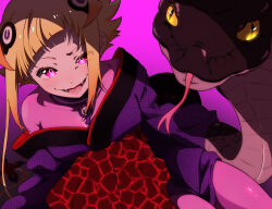1girl :d blonde_hair capella_emerada_lugnica collarbone colored_sclera fangs forked_tongue highres japanese_clothes kimono looking_at_viewer off_shoulder open_mouth purple_kimono re:zero_kara_hajimeru_isekai_seikatsu red_eyes short_hair_with_long_locks sidelocks slit_pupils smile snake tamakiwachi tongue yellow_sclera