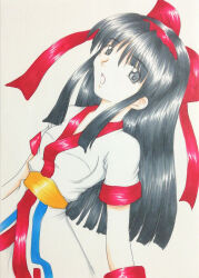 1girl absurdres ainu_clothes black_eyes black_hair breasts hair_ribbon highres legs long_hair looking_at_viewer medium_breasts nakoruru open_mouth pants ribbon samurai_spirits snk solo the_king_of_fighters thighs tongue traditional_media