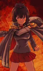 Rule 34 | 1girl, breasts, brown eyes, brown hair, cape, clenched hand, closed mouth, fire, girls und panzer, hat, highres, kuromorimine military uniform, looking at viewer, medium breasts, military uniform, monolith (suibou souko), nishizumi maho, short hair, solo