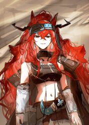 1girl absurdres animal_ears arknights arms_at_sides bare_shoulders black_collar black_headband black_shorts black_sports_bra collar cowboy_shot detached_collar detached_sleeves earrings grin hair_between_eyes headband highres horse_ears jewelry long_hair long_sidelocks looking_at_viewer midriff narantuya_(arknights) navel red_eyes red_hair shorts sidelocks smile solo sports_bra standing sudadachi very_long_hair