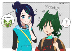 Rule 34 | 1boy, 1girl, ?, backpack, bag, black shirt, blue eyes, blush, brown bag, brown eyes, closed mouth, commentary request, eyelashes, flying sweatdrops, green hair, green shirt, hair bun, hair ornament, hairclip, highres, holding strap, jacket, light blush, liko (pokemon), looking at another, nintendo, pokemon, pokemon (anime), pokemon horizons, reisui (sui neko22), shirt, smile, speech bubble, split mouth, spoken question mark, sprigatito, sweatdrop, swept bangs, thought bubble, three-quarter sleeves, ult (pokemon), vest, yellow bag