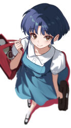 absurdres amamiyayk bag blue_dress blue_hair brown_eyes closed_mouth dress dress_shirt from_above fuurinkan_high_school_uniform highres holding holding_bag pinafore_dress ranma_1/2 school_uniform shirt short_hair short_sleeves simple_background sleeveless sleeveless_dress smile tendou_akane walking white_background white_shirt wing_collar