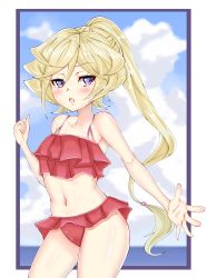 1girl absurdres bikini blonde_hair blue_eyes border carol_malus_dienheim cloud cloudy_sky commentary_request cowboy_shot day freedom highres horizon looking_to_the_side multi-strapped_bikini navel ocean open_mouth outside_border ponytail reaching reaching_towards_viewer red_bikini senki_zesshou_symphogear sky standing swimsuit white_border