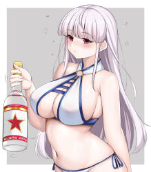 1girl absurdres alcohol alternate_costume bikini bottle breasts halterneck highres holding holding_bottle jiangyou_dang kantai_collection kirov_(kancolle) large_breasts long_hair navel o-ring o-ring_bikini o-ring_top pink_eyes pink_hair side-tie_bikini_bottom solo swimsuit very_long_hair vodka white_bikini