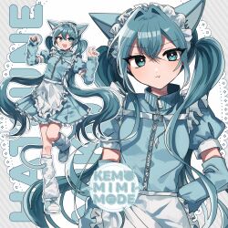 Rule 34 | 1girl, animal ear fluff, animal ears, apron, blue eyes, blue footwear, blue hair, blue jacket, blue skirt, blue sleeves, character name, commentary request, danjou sora, detached sleeves, frilled apron, frilled skirt, frills, hatsune miku, highres, jacket, jersey maid, kemonomimi mode, long hair, long sleeves, loose socks, maid, maid headdress, multiple views, pleated skirt, puffy long sleeves, puffy sleeves, shoes, skirt, socks, standing, standing on one leg, track jacket, twintails, unconventional maid, very long hair, vocaloid, white apron, white socks