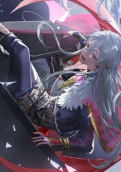1boy alternate_hair_length alternate_hairstyle black_pants black_shirt blue_jacket buttons fangs fingernails grey_hair highres jacket kuzuha_(nijisanji) long_hair looking_at_viewer male_focus miroku_(butuzo33) nijisanji pants pointy_ears red_eyes red_nails shirt sitting smile solo striped_clothes striped_shirt vertical-striped_clothes vertical-striped_shirt virtual_youtuber