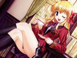 1girl ;d bekkankou black_socks blazer blonde_hair blue_eyes blush bow crossed_legs cup curtains dutch_angle female_focus fortune_arterial hair_bow highres indoors jacket kneehighs lace lace-trimmed_skirt lace_trim long_hair long_sleeves one_eye_closed open_mouth sendou_erika sitting skirt smile socks solo teacup window wink
