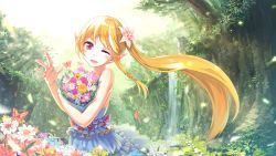 1girl ;d blonde_hair blue_dress bouquet bug butterfly dress female_focus field floating_hair flower flower_field frilled_dress frills hair_flower hair_ornament head_tilt highres holding holding_bouquet insect kamome_yuu layered_dress long_hair looking_at_viewer one_eye_closed open_mouth original outdoors pointy_ears red_eyes sleeveless sleeveless_dress smile solo standing sundress very_long_hair water waterfall