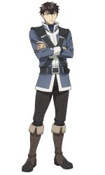 Rule 34 | 1boy, anime coloring, belt, blue eyes, blue jacket, boots, brown boots, closed mouth, collared jacket, crossed arms, crossed bangs, full body, grey belt, grey pants, hair between eyes, highres, jacket, komatsu sana, long sleeves, looking at viewer, male focus, official art, pants, short hair, sieg (yarinaoshi reijou), simple background, solo, standing, sweater, transparent background, tsurime, turtleneck, turtleneck sweater, v-shaped eyebrows, yarinaoshi reijou wa ryuutei heika wo kouryakuchuu