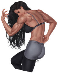 1girl aged_down ana_(overwatch) back bicep black_hair captain_amari dark_skin eruthu flexing highres long_hair muscular muscular_female overwatch overwatch_1 pants sports_bra sportswear tattoo toned white_background yoga_pants
