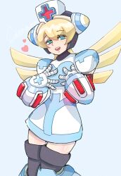 Rule 34 | 1girl, absurdres, blonde hair, blue eyes, character name, cinnamon (mega man), cowboy shot, grey background, hat, heart, highres, long hair, mega man (series), mega man x: command mission, mega man x (series), meshiuma0x, nurse, nurse cap, open mouth, robot girl, simple background, solo, teeth, tongue