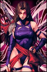 1girl black_hair blunt_bangs breasts cowboy_shot hand_on_own_hip highres leotard looking_at_viewer marvel marvel_rivals parted_bangs psylocke purple_leotard solo standing sword sword_on_back thigh_strap weapon weapon_on_back wizyakuza