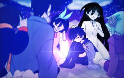 2girls 4boys :d alternate_universe androgynous aqua_hair aqua_hairband arm_support aubrey_(headspace)_(omori) aubrey_(omori) basil_(headspace)_(omori) basil_(omori) black_hair blue_shirt blurry blurry_background bow_hairband breasts brother_and_sister brothers cardigan choker closed_eyes closed_mouth cloud colored_skin commentary depth_of_field double-parted_bangs dress english_commentary finger_to_mouth fingernails flower frilled_dress frilled_sleeves frills from_behind full_body gradient_sky hair_behind_ear hair_between_eyes hair_flower hair_ornament hairband hand_on_another&#039;s_head hatching_(texture) hero_(headspace)_(omori) hero_(omori) index_finger_raised kel_(headspace)_(omori) kel_(omori) knees_up leaf long_hair long_sleeves mari_(omori) mari_(spirit)_(omori) medium_dress multiple_boys multiple_girls no_eyes no_shoes omori open_cardigan open_clothes open_mouth outdoors pink_dress pink_ribbon pink_sky puffy_long_sleeves puffy_sleeves purple_cardigan purple_hair purple_sailor_collar purple_shorts purple_sky purple_thighhighs ribbon ribbon_choker sailor_collar shaded_face shirt short_hair short_shorts short_sleeves shorts siblings simple_background sitting sky sleeveless sleeveless_dress small_breasts smile sparkle straight_hair sunny_(omori) teeth thighhighs tongue u_u upper_teeth_only very_long_hair very_short_hair vignetting white_dress white_flower white_shirt white_skin yuunnikko