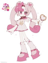 1girl :3 arm_at_side artist_name bow bow_legwear catch!_teenieping closed_mouth colored_tips commentary_request curly_hair curtained_hair dress eyes_visible_through_hair frilled_dress frills full_body gold_buttons grey_hair hand_mirror heart heartsping_(catch!_teenieping) highres holding holding_mirror korean_commentary leg_warmers long_hair mary_janes mirror multicolored_hair no_pupils outstretched_arm pale_skin parted_hair pink_bow pink_eyes pink_hair pink_shoes pink_trim reference_inset shoes short_dress simple_background solo standing standing_on_one_leg takawoyu twintails two-tone_hair white_background white_dress white_leg_warmers
