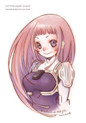 1girl bodysuit closed_mouth ken_marinaris long_hair looking_at_viewer ohse_kohime pink_bodysuit pink_hair signature simple_background smile solo very_long_hair white_background zone_of_the_enders zone_of_the_enders_2