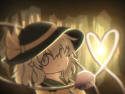 1girl black_hat bow buttons closed_mouth collared_shirt eyeball forest frilled_shirt_collar frills green_eyes green_hair hat hat_bow heart heart_of_string highres komeiji_koishi looking_at_viewer medium_hair nature oathlox shirt smile solo sunset third_eye touhou yellow_bow yellow_shirt