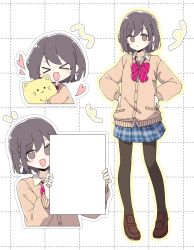 &gt;_&lt; 1girl aran_(aran0127) blush_stickers bow bowtie braid brown_eyes brown_hair cardigan collared_shirt commentary_request cropped_torso full_body grid_background hands_on_own_hips heart highres holding holding_paper holding_stuffed_toy loafers long_sleeves multiple_views open_mouth pantyhose paper plaid_clothes plaid_skirt pleated_skirt project_sekai school_uniform shinonome_ena shirt shoes short_hair skirt smile striped_bow striped_bowtie striped_clothes stuffed_animal stuffed_cat stuffed_toy