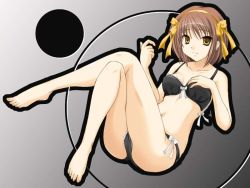 Rule 34 | 00s, 1girl, barefoot, black bra, black panties, bow, bow bra, bow panties, bra, brown hair, crossed legs, female focus, hairband, lace, lace-trimmed bra, lace-trimmed panties, lace trim, lingerie, lying, navel, on back, panties, short hair, solo, suzumiya haruhi, suzumiya haruhi no yuuutsu, underwear