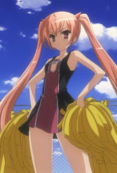 Rule 34 | anime screenshot, bare shoulders, blush, cheerleader, hidan no aria, highres, kanzaki h. aria, pink hair, red eyes, stitched, third-party edit, twintails