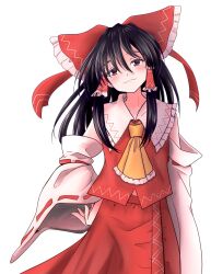 Rule 34 | 1girl, bare shoulders, black hair, bow, commentary, detached sleeves, dr. addamelech, english commentary, frilled bow, frilled hair tubes, frills, hair bow, hair tubes, hakurei reimu, highres, long hair, looking at viewer, nontraditional miko, red bow, red shirt, red skirt, ribbon-trimmed sleeves, ribbon trim, shirt, simple background, skirt, sleeveless, sleeveless shirt, smug, solo, touhou, white background
