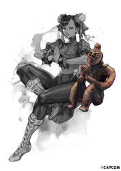 1girl capcom china_dress chinese_clothes chun-li clay cross-laced_footwear double_bun dress english_text greyscale hair_bun hair_ribbon highres hungry_clicker monochrome own_hands_together palms_together pelvic_curtain puffy_short_sleeves puffy_sleeves ribbon sash short_sleeves sitting street_fighter thighs white_background white_footwear white_ribbon white_sash wrist_cuffs