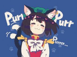 1girl :3 animal_ear_fluff animal_ear_piercing animal_ears blue_background blush bow bowtie brown_hair cat_ears cat_tail chen closed_eyes commentary_request earrings facial_mark gold_trim highres jean_(jean_sp) jewelry multiple_tails nekomata paw_print paw_print_background red_vest short_hair simple_background single_earring solo tail touhou two_tails upper_body vest whisker_markings white_bow white_bowtie