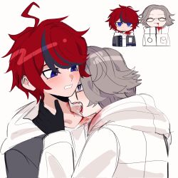 2boys ahoge aotsuki_eito black_gloves black_hair blood blood_on_clothes blood_on_face blue_eyes blush drinking_blood glasses gloves highres male_focus multicolored_hair multiple_boys multiple_views red_hair simple_background sumino_takumi the_hundred_line_-last_defense_academy- vampire white_hair yaoi