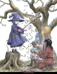 3girls 4boys bare_tree berserk casca_(berserk) evarella_(berserk) fairy farnese_(berserk) hat highres ishidro leaf long_sleeves magic miura_kentarou multiple_boys multiple_girls official_art outdoors puck_(berserk) scan schierke_(berserk) serpico_(berserk) staff tree tree_stump under_tree witch witch_hat