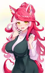 1girl 1m5papa absurdres animal_ears blush breasts casual commentary_request hair_between_eyes hair_ornament highres horse_ears horse_girl horse_tail large_breasts long_hair loves_only_you_(umamusume) mole mole_on_neck mole_under_eye open_mouth red_hair simple_background solo tail umamusume white_background yellow_eyes