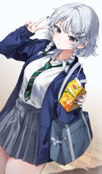 1girl absurdres alternate_costume arm_up bag black_nails black_skirt blue_jacket braid closed_mouth collared_shirt commentary_request cowboy_shot drinking_straw dutch_angle green_necktie grey_hair hair_between_eyes highres izayoi_sakuya jacket jewelry juice_carton knife_hair_ornament long_sleeves looking_at_viewer necklace necktie pleated_skirt sarukana school_bag school_uniform shirt shoulder_bag side_braids skirt solo tile_floor tiles touhou v white_shirt