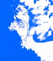 Rule 34 | 1boy, alternate costume, blue theme, bruise, bruise on face, hashtag-only commentary, high collar, highres, hikaru ga shinda natsu, indou hikaru, injury, lips, looking at viewer, male focus, monochrome, shadow, short hair, solo, upper body, weisekrebs