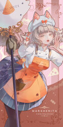 1girl absurdres apron black_pantyhose black_skirt brown_hair buttons calling character_name chigusa7h commentary copyright_name double-breasted hair_ornament hat hat_with_ears highres holding margherita_(wuthering_waves) mittens open_mouth orange_apron orange_eyes oven_mitts pantyhose shirt short_hair short_sleeves short_twintails single_mitten skirt solo striped_clothes striped_skirt twintails white_hat white_shirt wuthering_waves