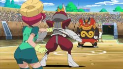 2girls animated animated_gif ass ass_shake beret bianca_(pokemon) bisharp blonde_hair choker emboar flat_cap focus_ass gen_5_pokemon georgia_(pokemon) gloves hat miniskirt multiple_girls nintendo pixie_cut pointing pointing_at_another pokemon pokemon_(anime) pokemon_(creature) pokemon_bw072 pokemon_bw_(anime) red_hair skirt thighhighs vest