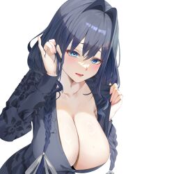 Rule 34 | 1girl, absurdres, black dress, black hair, blue eyes, braid, breasts, cleavage, commentary, dress, english commentary, hand in own hair, heart, heart in eye, highres, hololive, hololive english, huge breasts, long hair, looking at viewer, low twin braids, mavros, no apron, official alternate costume, official alternate hairstyle, ouro kronii, ouro kronii (maid), simple background, solo, symbol in eye, twin braids, virtual youtuber, white background