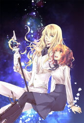 1boy 1girl 963krup ahoge arm_up ascot belt black_boots black_pantyhose blonde_hair blue_ascot blue_brooch blue_eyes blue_ribbon blue_skirt boots brooch collared_shirt fate/grand_order fate_(series) frilled_sleeves frills fujimaru_ritsuka_(female) fujimaru_ritsuka_(female)_(anniversary_blonde) gloves hair_between_eyes hand_up high-waist_skirt holding holding_staff jewelry kirschtaria_wodime lace-up_boots long_hair long_sleeves looking_at_another looking_up medium_hair neck_ribbon one_side_up open_mouth orange_eyes orange_hair pants pantyhose ribbon shirt side-by-side sitting skirt smile sparkle staff teeth twitter_username upper_teeth_only vest white_gloves white_pants white_shirt white_vest yellow_belt