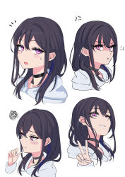 1girl :t absurdres angry black_hair blush_stickers choker closed_mouth cropped_arms ear_piercing hair_between_eyes highres hood hoodie ichinose_uruha kiiro_(cocoa080) long_hair looking_at_viewer multiple_views notice_lines open_mouth piercing pink_eyes portrait shaded_face simple_background solo squiggle sweatdrop v virtual_youtuber vspo! white_background white_hoodie