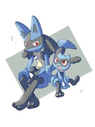 :d animal_ears blue_fur closed_mouth dog_ears evolutionary_line full_body gen_4_pokemon looking_at_another lucario nintendo open_mouth pokemon pokemon_(creature) pokemon_focus red_eyes riolu saki_pokeoekaki simple_background smile spikes tail twitter_username