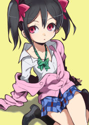 1girl black_hair black_shoes black_socks blouse bow bowtie cardigan collared_shirt female_focus green_bow green_bowtie hair_between_eyes hair_bow io_naomichi loafers love_live! love_live!_school_idol_project miniskirt otonokizaka_school_uniform pink_eyes school_uniform shirt shirt_slip shoes simple_background sitting skirt socks solo striped_bow striped_bowtie striped_clothes twintails wariza white_shirt yazawa_nico yellow_background