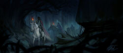 3boys armor cape chinnkun dark facing_viewer fantasy fire forest from_side hood horseback_riding knight landscape multiple_boys nature night original painterly riding signature torch