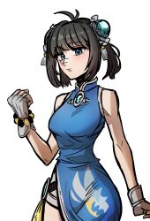 1girl :| ahoge alternate_costume alternate_hairstyle antenna_hair bare_shoulders black_hair blue_dress blue_eyes china_dress chinese_clothes clenched_hand closed_mouth double_bun dragon_print dress fingerless_gloves gem gloves hair_bun highres kartrider kartrider:_drift looking_at_viewer official_alternate_costume ribbon short_twintails shorts snowdoc solo tiera_(kartrider) twintails white_background white_gloves white_shorts