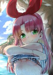 1girl arms_up bikini blush bow breasts cave closed_mouth cloud day green_eyes hair_bow highres kusu_(moo1225) lake laura_newfield long_hair looking_at_viewer outdoors parted_bangs pink_hair red_bow ribbon see-through_clothes shirt sky smile solo swimsuit t-shirt undressing upper_body water water_drop wet wet_clothes wet_shirt wet_swimsuit yuukyuu_gensoukyoku