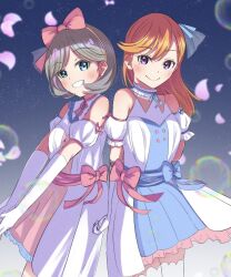 2girls bare_shoulders blue_dress blue_eyes breasts buttons closed_mouth commentary_request cowboy_shot detached_sleeves double-breasted dress elbow_gloves flipped_bangs flipped_hair gloves grey_hair grin highres long_hair love_live! love_live!_superstar!! medium_breasts multicolored_hair multiple_girls official_alternate_costume orange_hair pink_dress pleated_dress puffy_short_sleeves puffy_sleeves purple_eyes purple_hair shibuya_kanon short_dress short_hair short_sleeves sleeveless sleeveless_dress smile soap_bubbles star_(sky) starry_sky_background streaked_hair tang_keke thighhighs tiny_stars toto_(baskelovelive) white_gloves white_thighhighs zettai_ryouiki