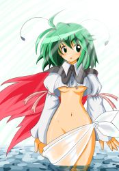 Rule 34 | 1girl, :o, aged up, ahoge, antennae, arthropod girl, black eyes, bottomless, breasts, cape, eyebrows, female focus, green hair, groin, hip focus, light rays, looking away, nagi (pixiv119941), navel, shiny skin, solo, standing, sunbeam, sunlight, touhou, underboob, water, wide hips, wriggle nightbug