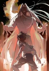 2boys abs abstract_background age_difference aged_down blue_eyes child chinese_commentary cloud_strife commentary embers ercqelx8rprduft facing_away final_fantasy final_fantasy_vii giant giant_male grey_hair grin hands_up highres long_bangs long_hair looking_down low_ponytail male_focus multiple_boys no_nipples pants parted_bangs pectorals ponytail sephiroth shirt shorts size_difference slit_pupils smile spiked_hair surreal t-shirt time_paradox toned toned_male topless_male very_long_hair white_shirt