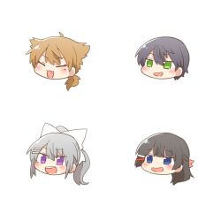 2boys 2girls :d black_hair blue_eyes blush_stickers brown_hair chibi closed_eyes fang fushimi_gaku green_eyes grey_hair hair_between_eyes hair_ornament hairclip head_only higuchi_kaede kenmochi_touya long_hair low_ponytail mole mole_under_eye multiple_boys multiple_girls nijisanji open_mouth ponytail purple_eyes rebecca_(keinelove) simple_background smile teeth tsukino_mito upper_teeth_only virtual_youtuber white_background
