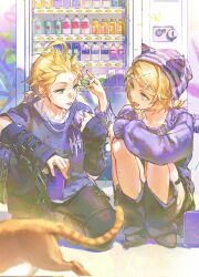 1boy 1girl alternate_costume black_pants black_shorts blonde_hair brown_cat can green_eyes highres holding holding_can iuew kagamine_len kagamine_rin open_mouth pants purple_shirt purple_sweater shirt shorts sitting smile sweater tongue tongue_out vending_machine vocaloid