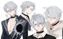 1boy black_ribbon black_shirt blue_eyes casual closed_mouth collarbone collared_shirt grey_hair hair_ornament hairclip half-closed_eyes highres hmayme4238 hole honkai:_star_rail honkai_(series) injury looking_at_viewer looking_to_the_side male_focus multiple_views neck_tattoo official_alternate_costume open_clothes open_shirt pectoral_cleavage pectorals phainon_(fashion)_(honkai:_star_rail) phainon_(honkai:_star_rail) ribbon shirt simple_background solo tattoo translation_request upper_body white_background yellow_blood yellow_pupils