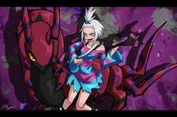 boots dress_shirt gen_5_pokemon guitar gym_leader hair_bobbles hair_ornament instrument nintendo pokemon pokemon_(creature) pokemon_bw2 ray-k roxie_(pokemon) scolipede shirt striped white_hair